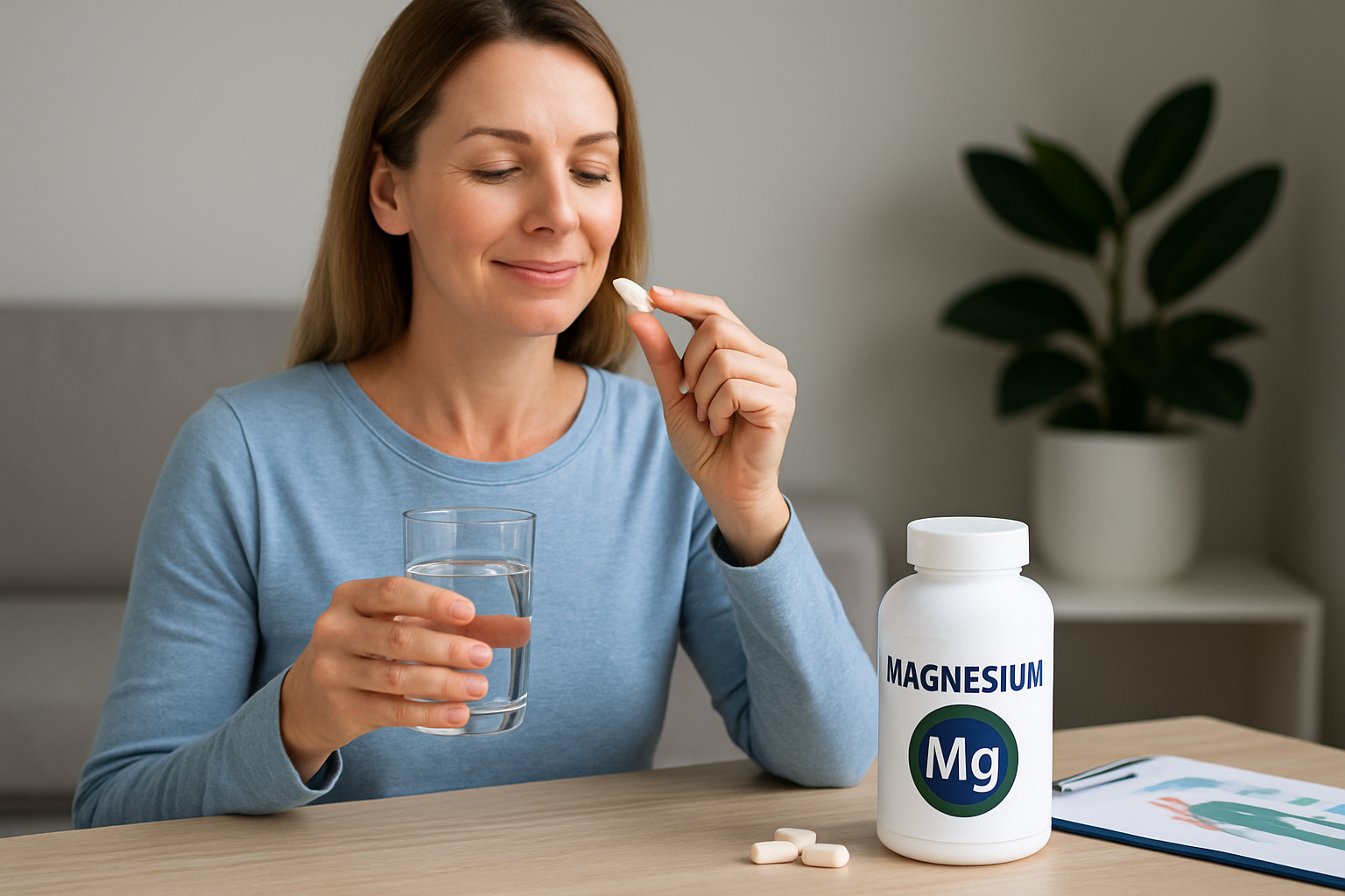 Verschiedene Magnesium-Präparate und magnesiumreiche Lebensmittel auf einem Tisch